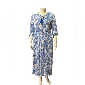 NWT John Mark Size L Blue White Floral Maxi Dress Boho Peasant Tiered Viscose